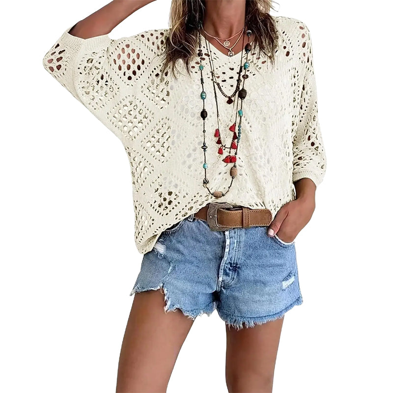 Women's Bohemian Crochet V-Neck Top - Lightweight Summer Cover-Up