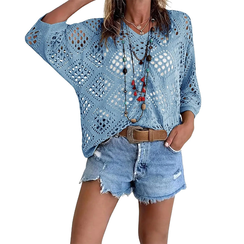 Women's Bohemian Crochet V-Neck Top - Lightweight Summer Cover-Up