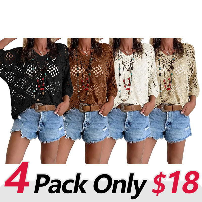 Women's Bohemian Crochet V-Neck Top - Lightweight Summer Cover-Up