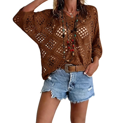 Women's Bohemian Crochet V-Neck Top - Lightweight Summer Cover-Up