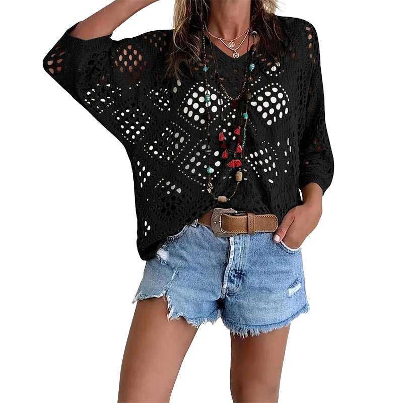 Women's Bohemian Crochet V-Neck Top - Lightweight Summer Cover-Up