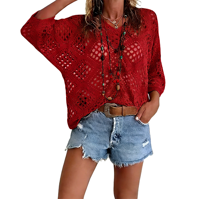 Women's Bohemian Crochet V-Neck Top - Lightweight Summer Cover-Up