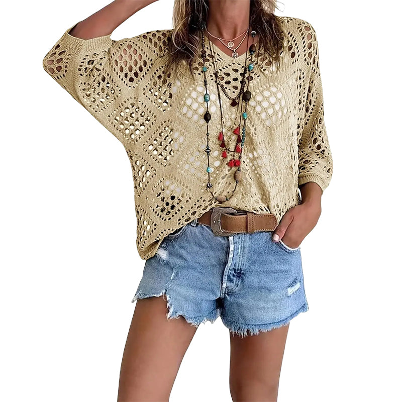 Women's Bohemian Crochet V-Neck Top - Lightweight Summer Cover-Up