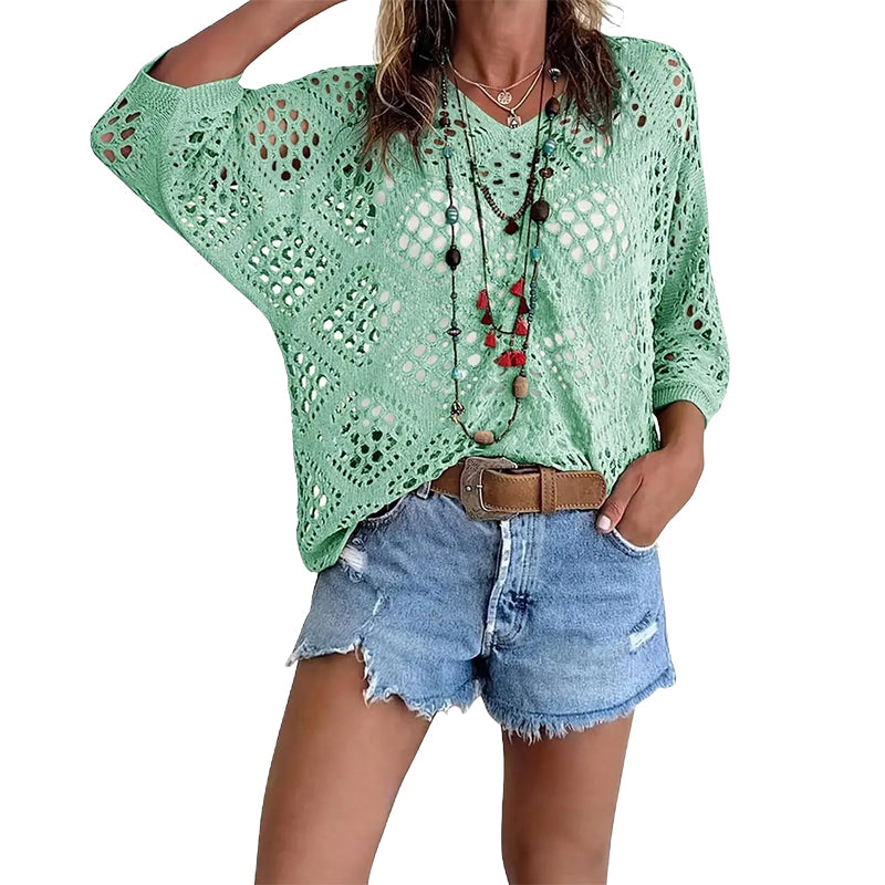 Women's Bohemian Crochet V-Neck Top - Lightweight Summer Cover-Up